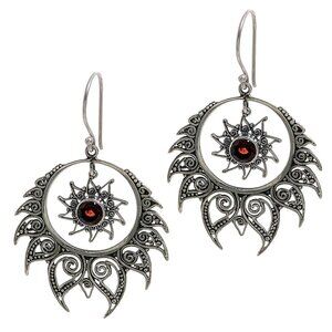 Sun Flames Red Garnet Antiqued Silver Balinese Earrings French Hook NWT